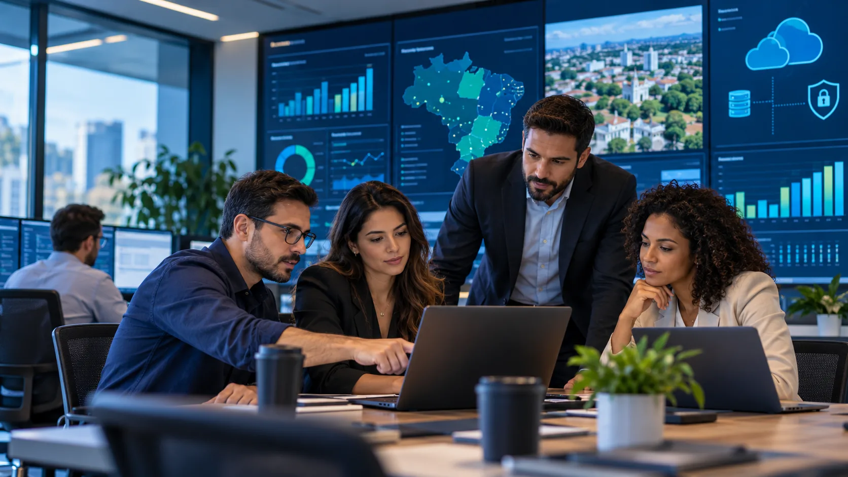 Equipe de tecnologia analisando sistemas, dados e indicadores